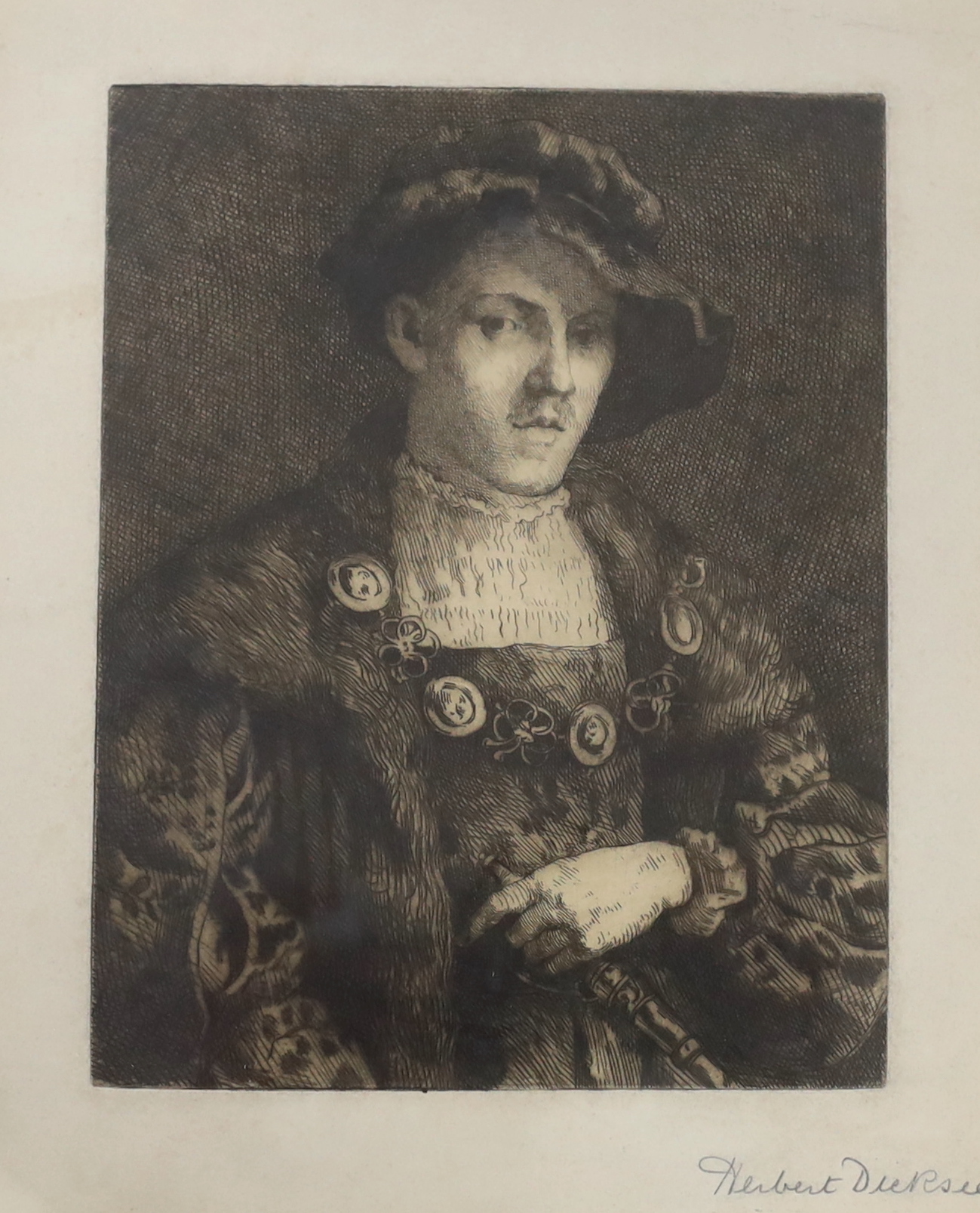 Herbert Dicksee (1862-1942), etching, The Young Noble (early self portrait of Herbert Dicksee in fancy dress in 1884), signed in pencil, 25 x 21cm